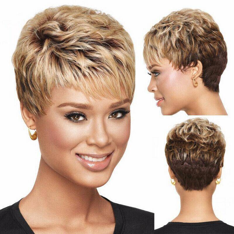 Synthetische Natürliche Pixie Cut Perücken für Frauen Blond Mix Braun Kurzer Gerader Haarschnitt Ombre Gestuft Mami Perücke mit Pony von Joom DACH