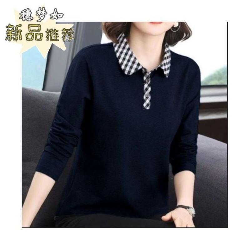 T-Shirt Damen Langarm Herbst T-Shirt Locker Übergröße Mittleren Alters Schlank Lässig Sport Revers POLO-Shirt M blau von Joom DACH