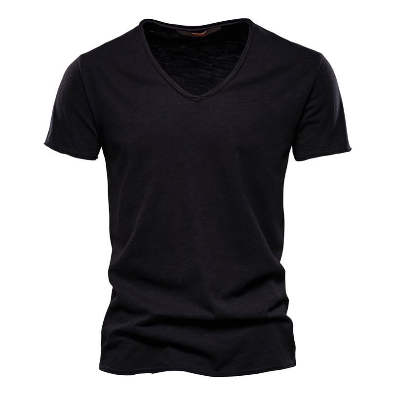 T-Shirt Herren aus Slub-Baumwolle mit V-Ausschnitt, reine Farbe, Slim Fit, T-Shirt für den Sommer, Strand, kurzärmelig, Tops, T-Shirts für Männer, Fitness L schwarz von Joom DACH