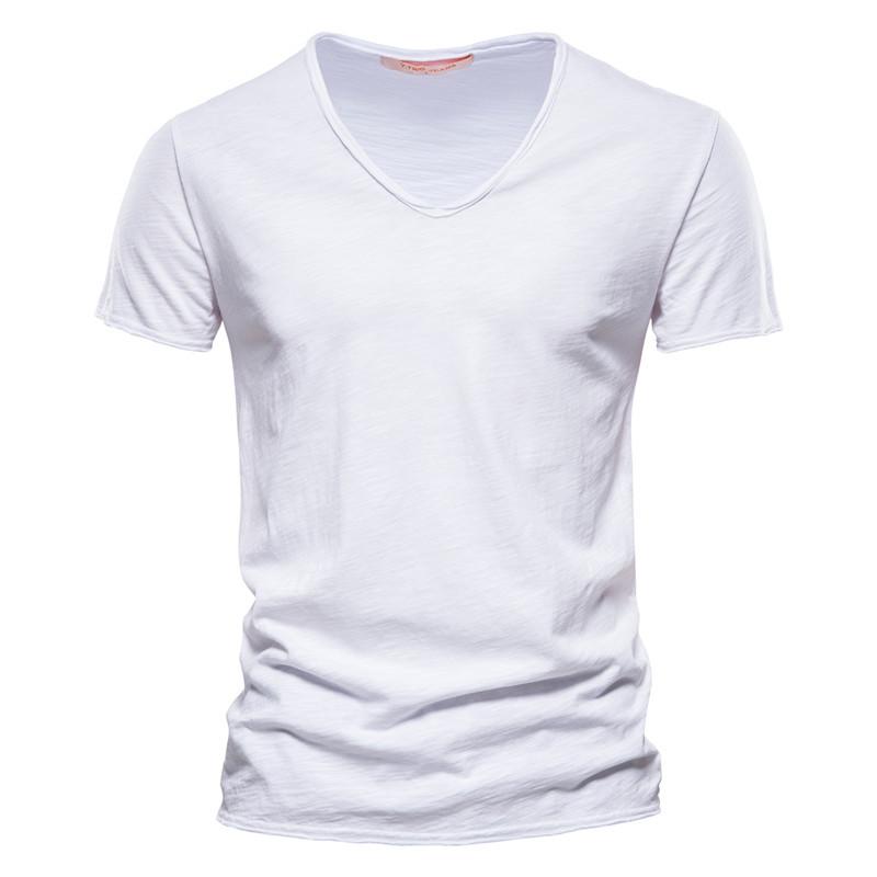 T-Shirt Herren aus Slub-Baumwolle mit V-Ausschnitt, reine Farbe, Slim Fit, T-Shirt für den Sommer, Strand, kurzärmelig, Tops, T-Shirts für Männer, Fitness L weiß von Joom DACH