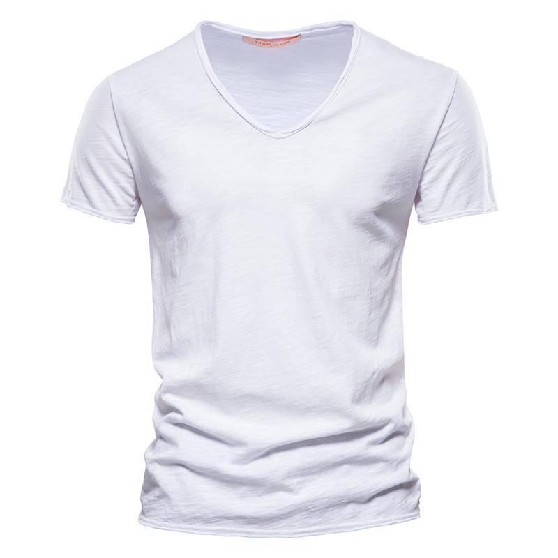 T-Shirt Herren aus Slub-Baumwolle mit V-Ausschnitt, reine Farbe, Slim Fit, T-Shirt für den Sommer, Strand, kurzärmelig, Tops, T-Shirts für Männer, Fitness L weiß von Joom DACH