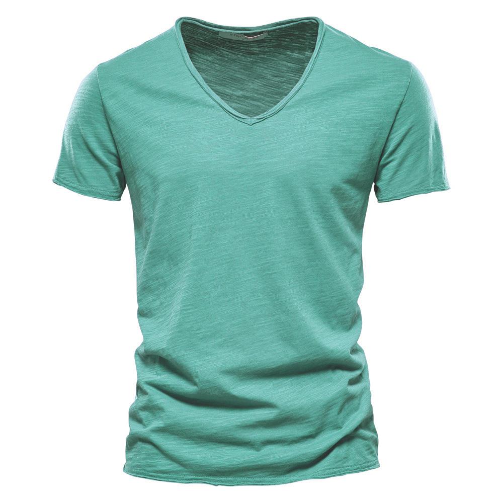 T-Shirt Herren aus Slub-Baumwolle mit V-Ausschnitt, reine Farbe, Slim Fit, T-Shirt für den Sommer, Strand, kurzärmelig, Tops, T-Shirts für Männer, Fitness S grün von Joom DACH