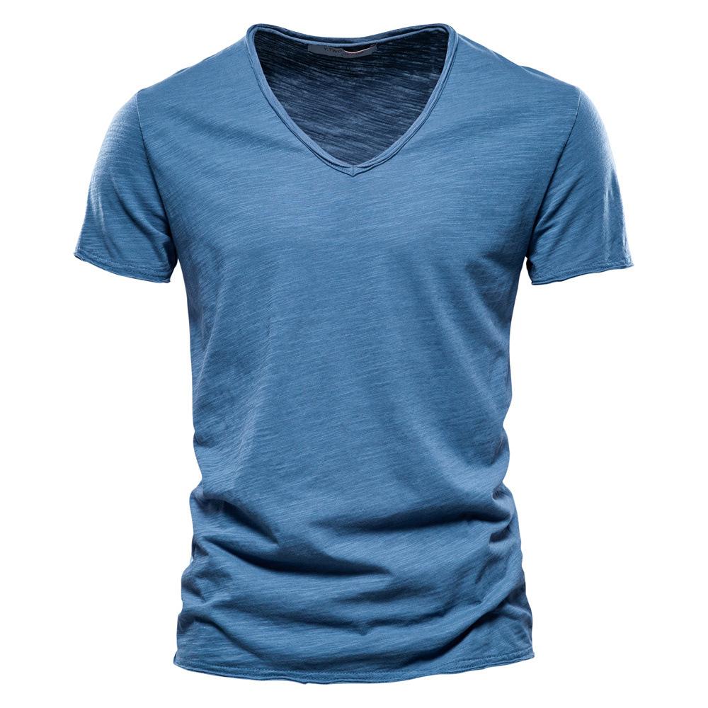 T-Shirt Herren aus Slub-Baumwolle mit V-Ausschnitt, reine Farbe, Slim Fit, T-Shirt für den Sommer, Strand, kurzärmelig, Tops, T-Shirts für Männer, Fitness XXL blau von Joom DACH