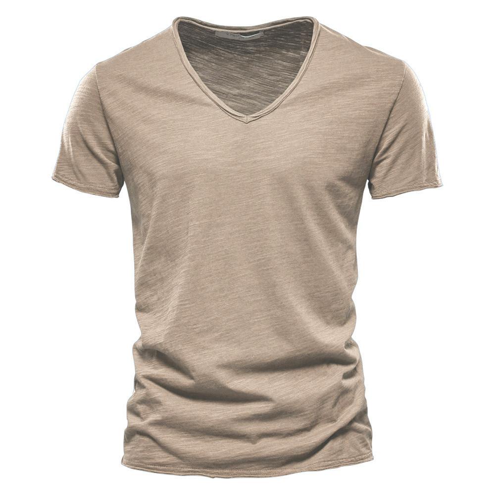 T-Shirt Herren aus Slub-Baumwolle mit V-Ausschnitt, reine Farbe, Slim Fit, T-Shirt für den Sommer, Strand, kurzärmelig, Tops, T-Shirts für Männer, Fitness XXL khaki von Joom DACH