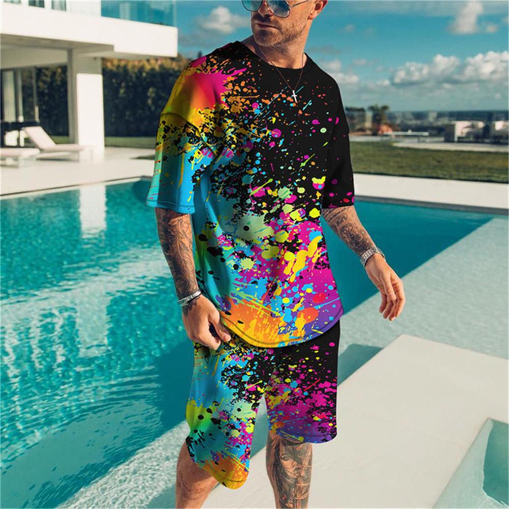 T-Shirt Set Retro Camouflage Splash Ink 3D-Druck Kurzarm Shorts Sommer Hip-Hop Mode Herren Sportswear Anzug S von Joom DACH