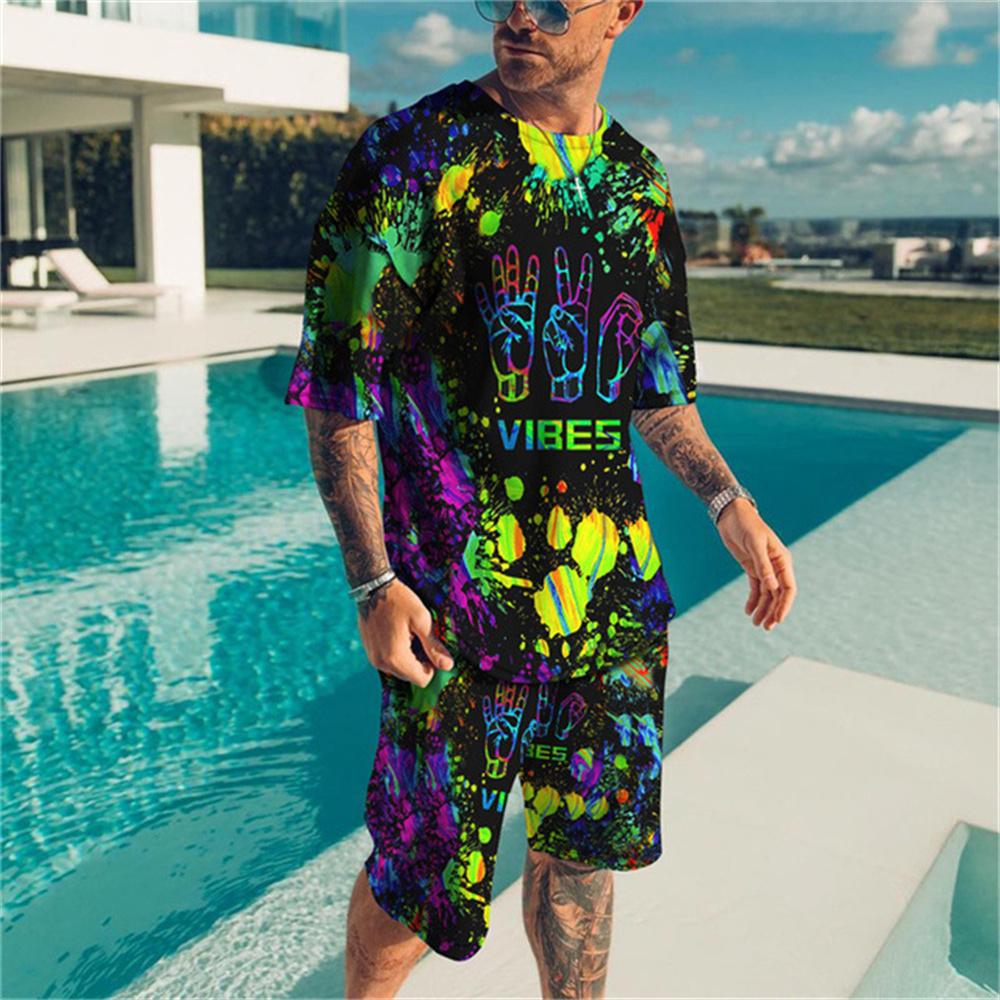 T-Shirt Set Retro Camouflage Splash Ink 3D-Druck Kurzarm Shorts Sommer Hip-Hop Mode Herren Sportswear Anzug XXL von Joom DACH