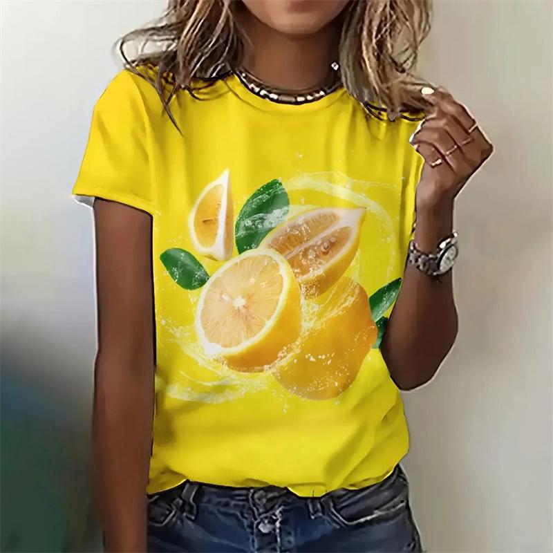 T-Shirt für Damen mit frischem Obstmuster, Kirsche, Zitrone, 3D-Druck, T-Shirts für den Sommer, Harajuku, Straße, O-Ausschnitt, kurzärmelige T-Shirts XL von Joom DACH