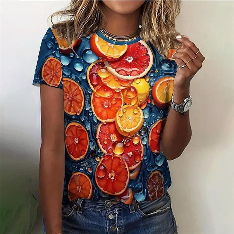 T-Shirt für Damen mit frischem Obstmuster, Kirsche, Zitrone, 3D-Druck, T-Shirts für den Sommer, Harajuku, Straße, O-Ausschnitt, kurzärmelige T-Shirts XXXL von Joom DACH