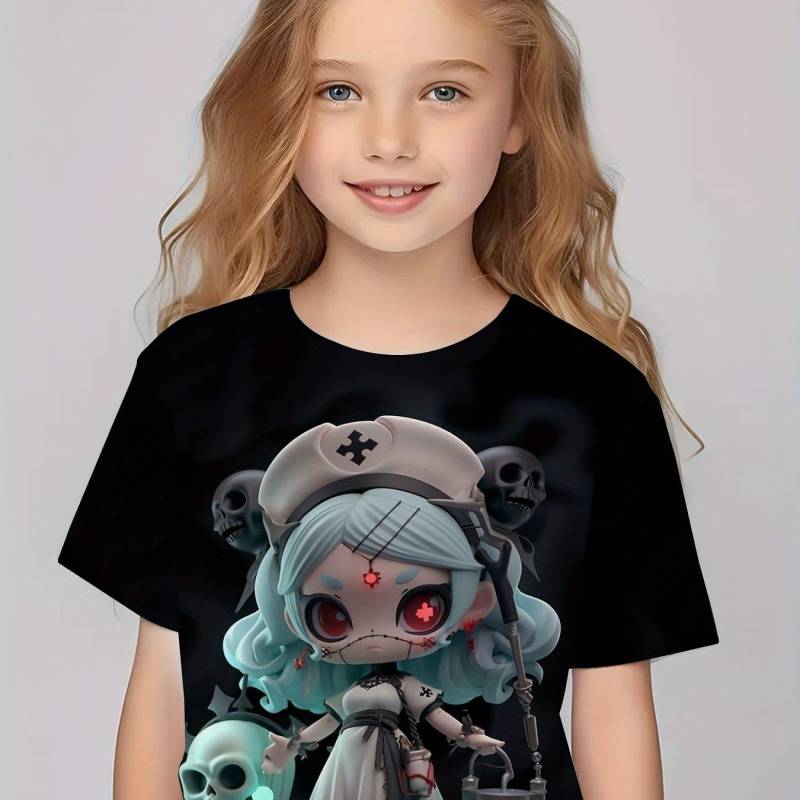 T-Shirt mit 3D-Anime-Mädchen-Grafik, kurzärmelig, Rundhalsausschnitt, für Kinder, lässig, trendig, vielseitiges T-Shirt, bequeme Sommeroberteile, Mädchenkleidung 160 von Joom DACH