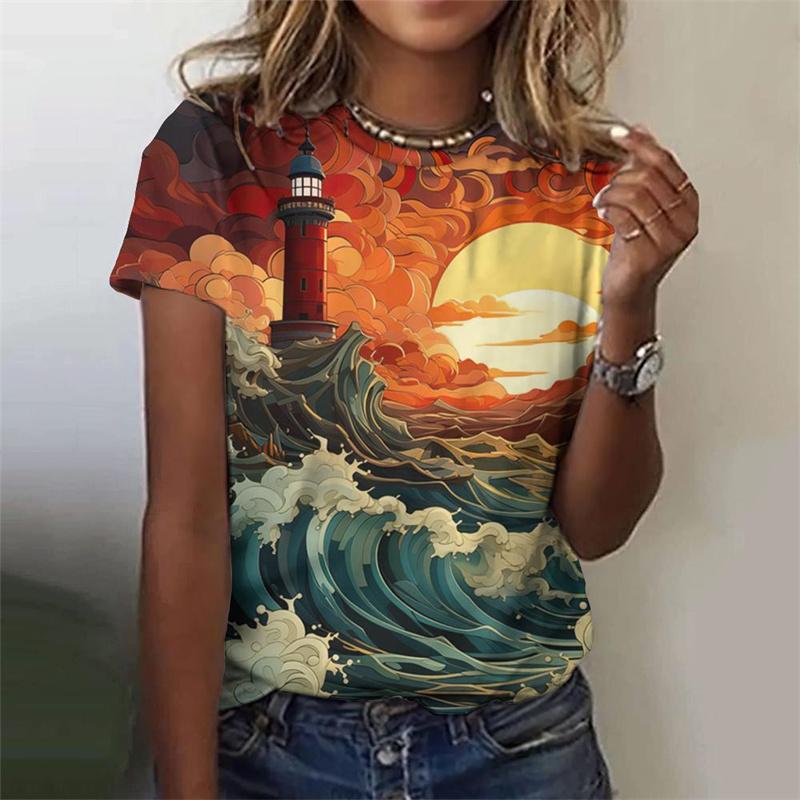 T-Shirt mit 3D-Druck und Nachtszenen-Grafik, Ozean-Leuchtturm, für Damen, Sommer, lässig, Harajuku, kurzärmelig, O-Ausschnitt 3XL von Joom DACH