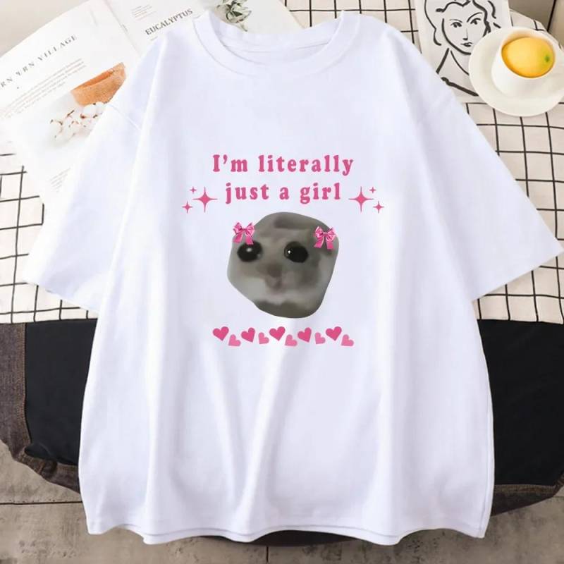 T-Shirt mit Aufdruck „Trauriger Hamster“ „I'm Just A Girl“ aus Baumwolle mit Buchstabendruck, hochwertige T-Shirts mit Rundhalsausschnitt für Frauen, süßes T-Shirt mit Grafikdruck XS von Joom DACH