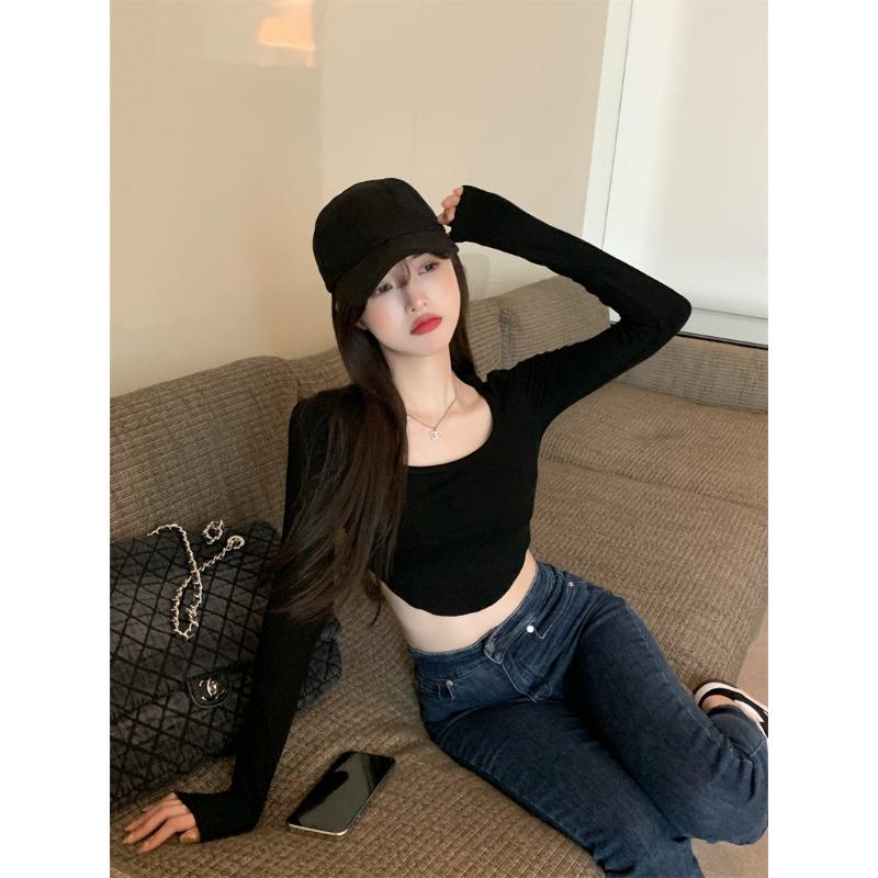 T-Shirt mit schmalem, langärmligem Design, Unterhemd, freiliegender Bauchnabel, heißes Mädchen, kurze Studentin, kurze Frau S von Joom DACH