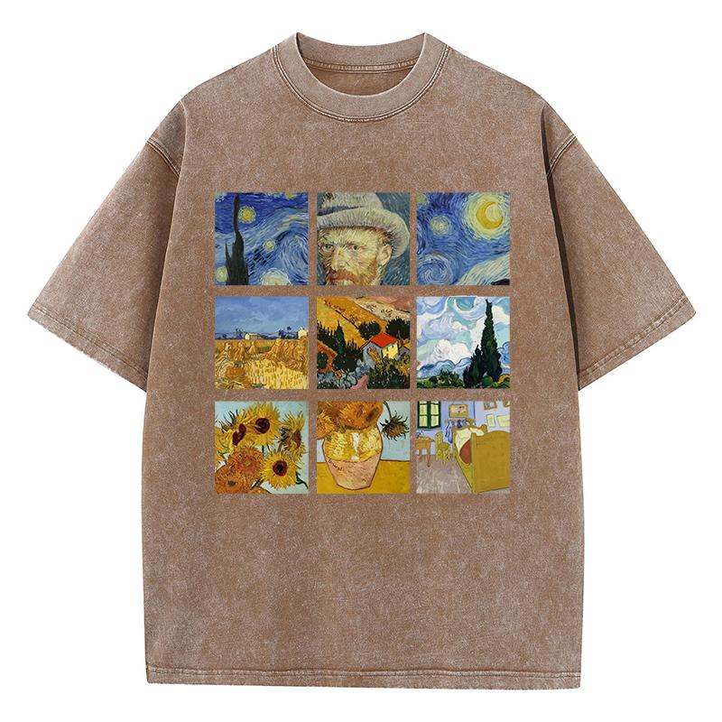 T-Shirts aus gewaschener Baumwolle für Damen mit Van Goghs Sternennacht und Sonnenblumen-Print, übergroße Oberteile im Used-Look mit Rundhalsausschnitt 3XL von Joom DACH