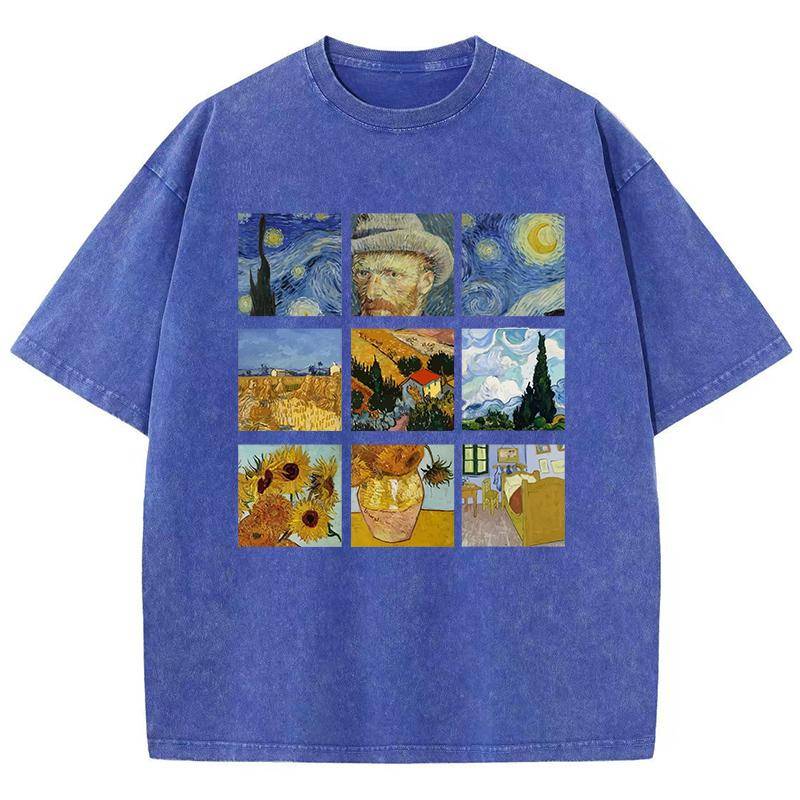 T-Shirts aus gewaschener Baumwolle für Damen mit Van Goghs Sternennacht und Sonnenblumen-Print, übergroße Oberteile im Used-Look mit Rundhalsausschnitt L von Joom DACH