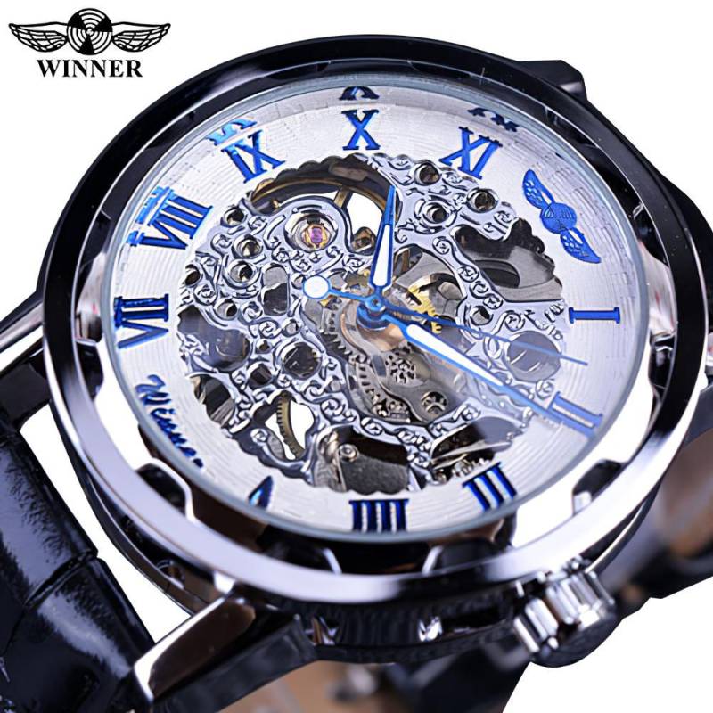 T-winner Männer Relogios Skeleton Uhren Marke Luxus Leder Streifen Armbanduhr Männer Mechanische Uhr blau/weiß von Joom DACH