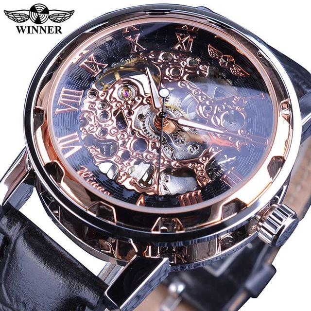 T-winner Männer Relogios Skeleton Uhren Marke Luxus Leder Streifen Armbanduhr Männer Mechanische Uhr schwarz/rose gold von Joom DACH