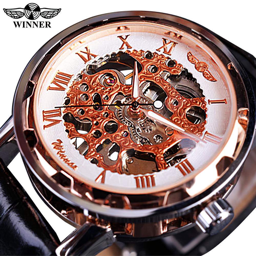 T-winner Männer Relogios Skeleton Uhren Marke Luxus Leder Streifen Armbanduhr Männer Mechanische Uhr weiß/rose gold von Joom DACH