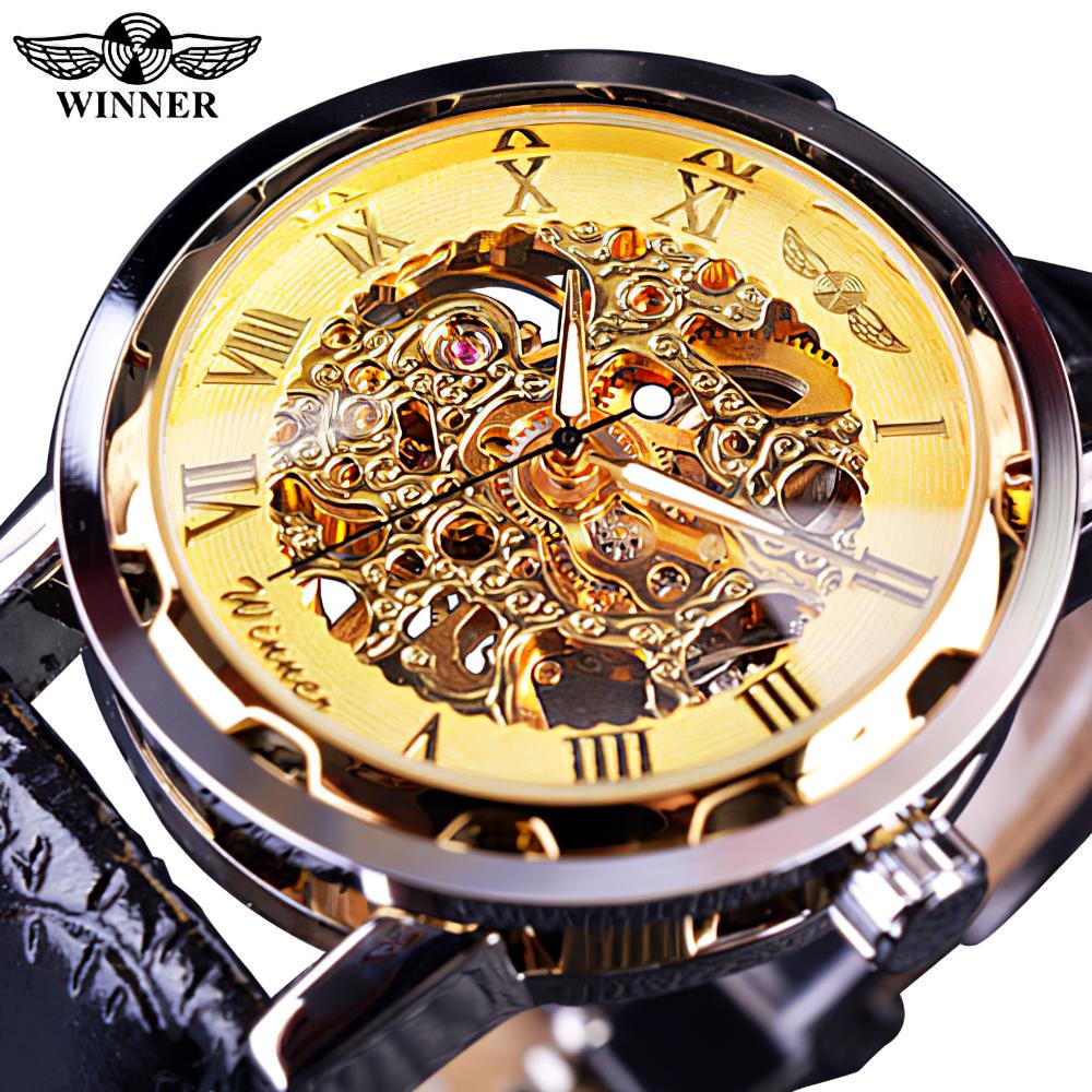 T-winner Männer Relogios Skeleton Uhren Marke Luxus Leder Streifen Armbanduhr Männer Mechanische Uhr gold von Joom DACH