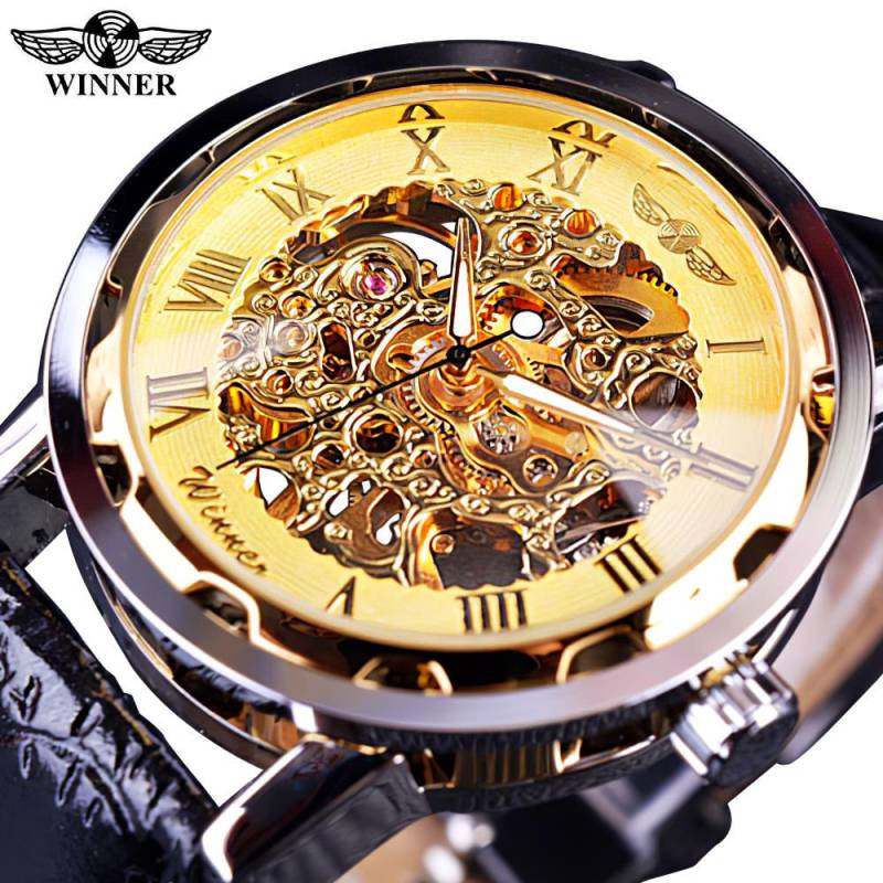 T-winner Männer Relogios Skeleton Uhren Marke Luxus Leder Streifen Armbanduhr Männer Mechanische Uhr gold von Joom DACH