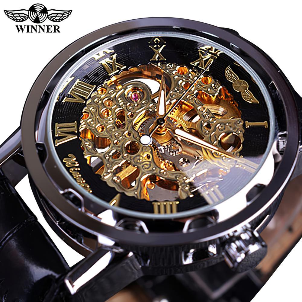 T-winner Männer Relogios Skeleton Uhren Marke Luxus Leder Streifen Armbanduhr Männer Mechanische Uhr schwarz/gold von Joom DACH