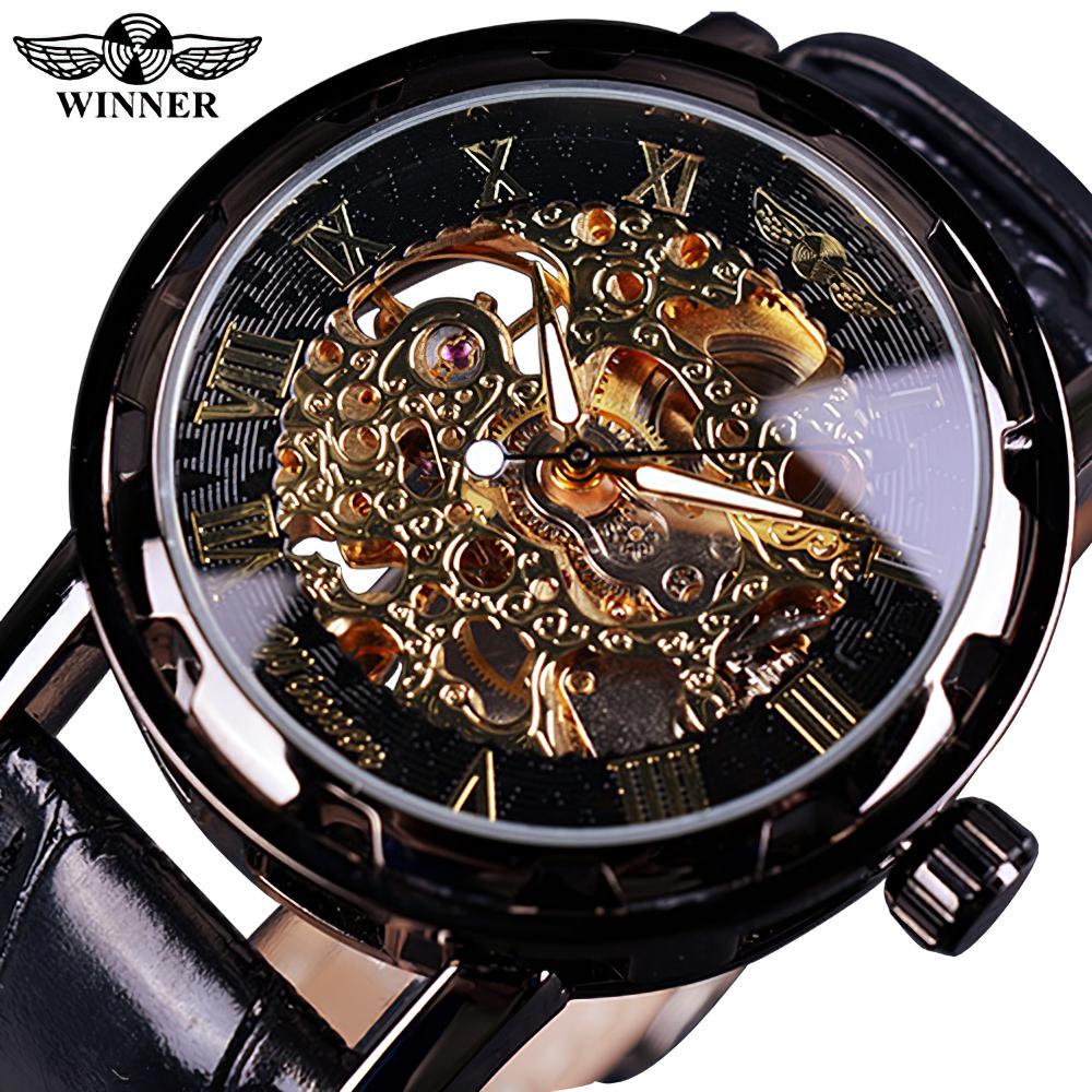 T-winner Männer Relogios Skeleton Uhren Marke Luxus Leder Streifen Armbanduhr Männer Mechanische Uhr schwarz von Joom DACH