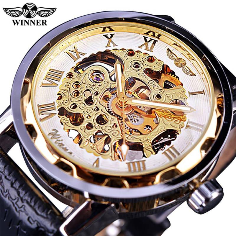 T-winner Männer Relogios Skeleton Uhren Marke Luxus Leder Streifen Armbanduhr Männer Mechanische Uhr gold/weiß von Joom DACH