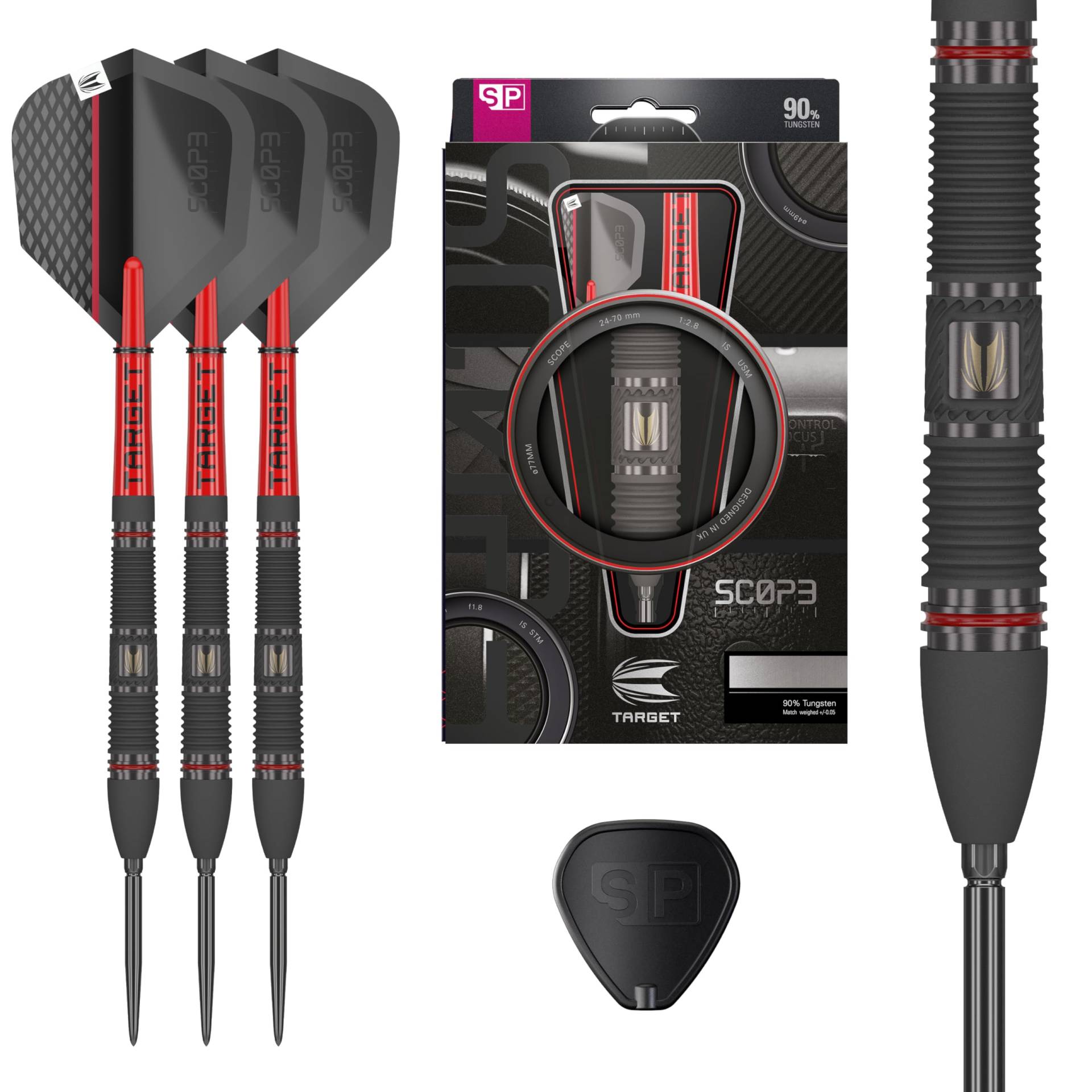 TARGET Darts Scope Steel Tip Swiss Point Tungsten Dart Barrel Steel Tip Dart Rot Schwarz Profi Dartset mit Swiss Points Tools Darts, 90% Set, von Joom DACH