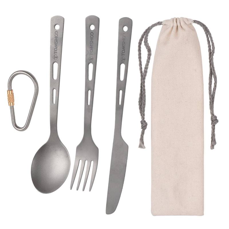 TOMSHOO Titan 3-teiliges Besteckset, leichter Löffel, Gabelschneider mit Karabiner und Kordelzug 3 piece cutlery set von Joom DACH