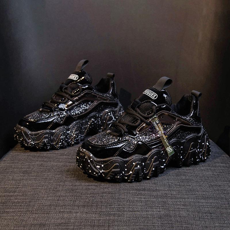 TUINANLE Reflektierende Chunky Turnschuhe Frauen Mode Glitter Bling Vulkanisierte Schuhe Frau Designer Plattform Turnschuhe Schuhe 38 schwarz von Joom DACH