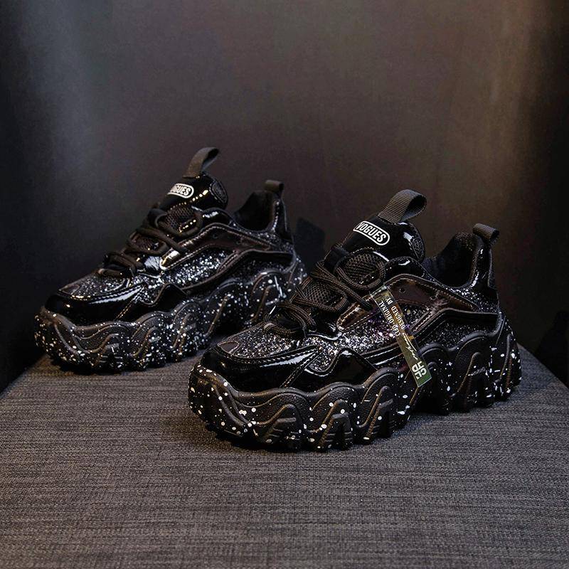 TUINANLE Reflektierende Chunky Turnschuhe Frauen Mode Glitter Bling Vulkanisierte Schuhe Frau Designer Plattform Turnschuhe Schuhe 38 schwarz von Joom DACH