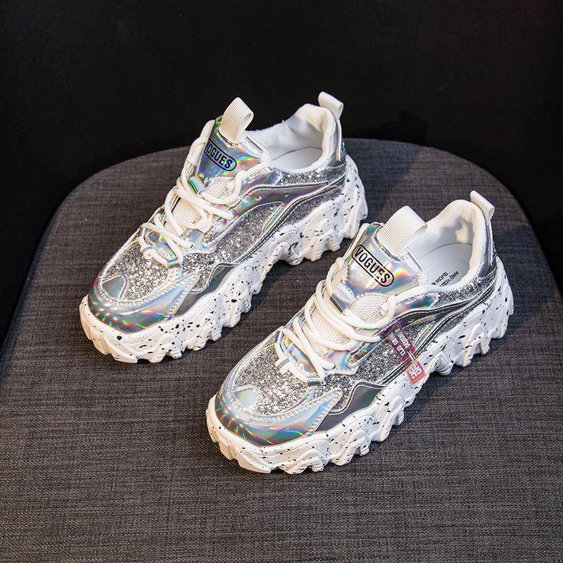 TUINANLE Reflektierende Chunky Turnschuhe Frauen Mode Glitter Bling Vulkanisierte Schuhe Frau Designer Plattform Turnschuhe Schuhe 40 elfenbein von Joom DACH
