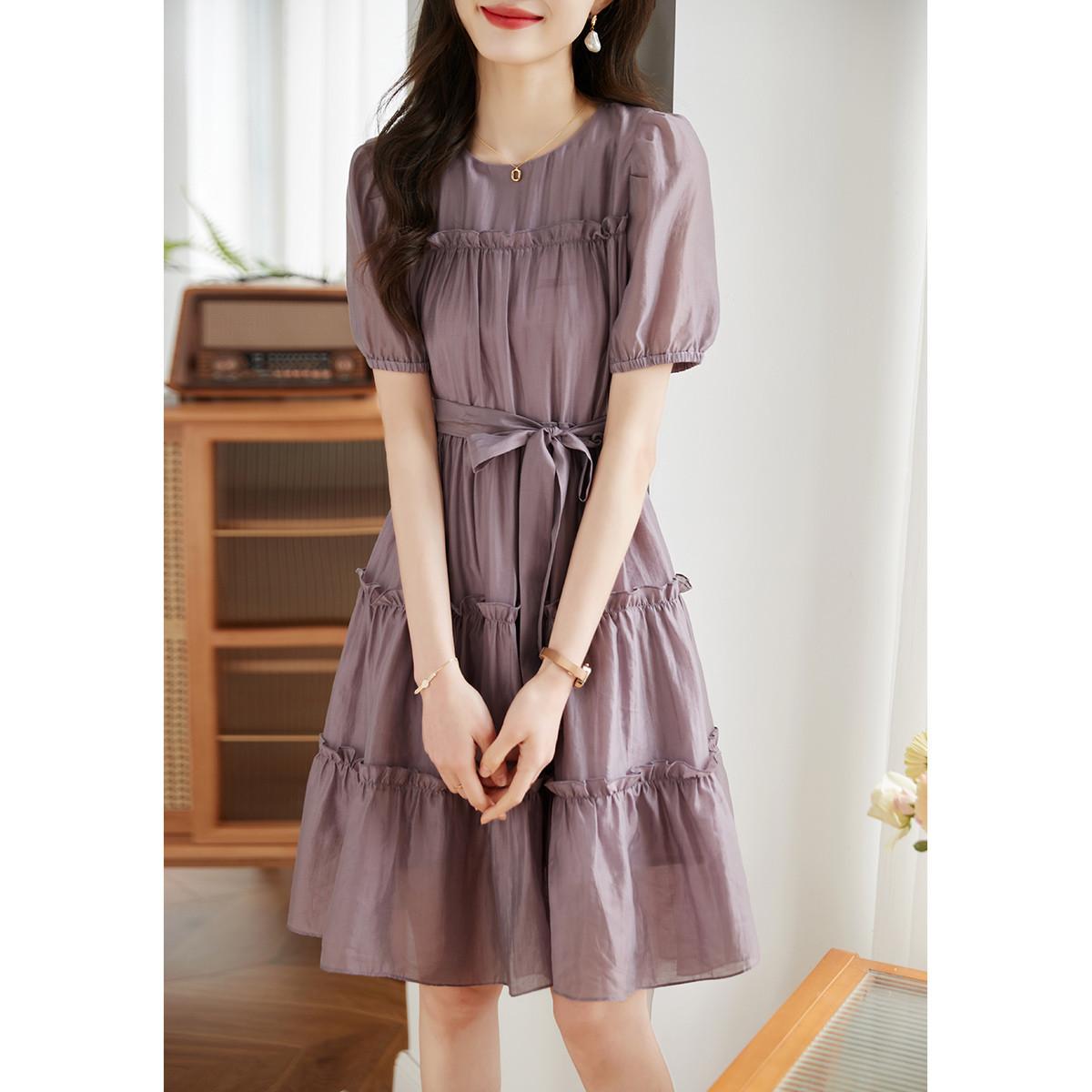 Taille-geschlossen Rüschen Kleid Sommer Dame Stil Mittellangen Rock Frauen 2XL violett von Joom DACH