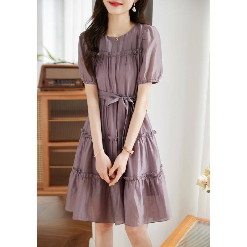 Taille-geschlossen Rüschen Kleid Sommer Dame Stil Mittellangen Rock Frauen 2XL violett von Joom DACH