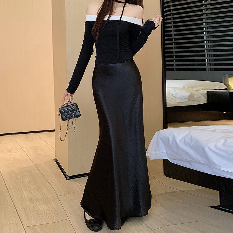 Taillenhoher A-Linien-Rock aus Acetat-Satin mit Fischschwanz für Damen Extra Large schwarz von Joom DACH