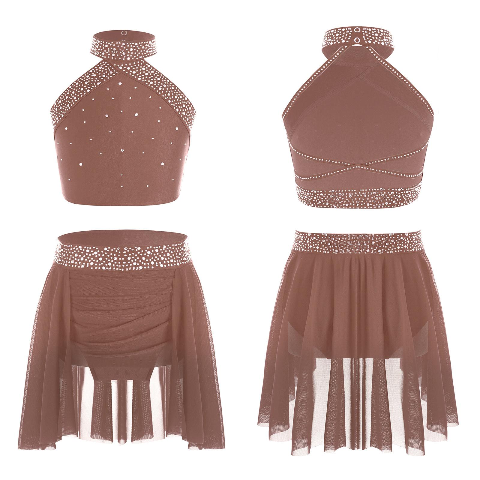 Tanz-Outfit für Kinder und Mädchen, glitzernd, mit Strasssteinen, Neckholder, ärmellos, rückenfrei, überkreuzte Rückenpartie mit gerüschtem, unregelmäßigem Rock 7-8 Years rosa von Joom DACH