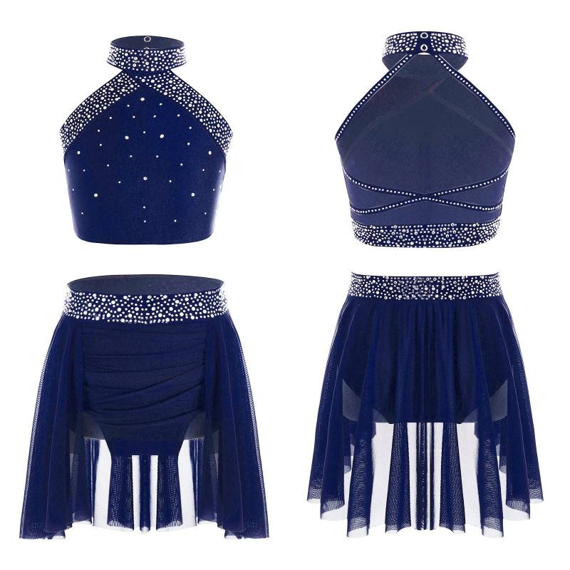 Tanz-Outfit für Kinder und Mädchen, glitzernd, mit Strasssteinen, Neckholder, ärmellos, rückenfrei, überkreuzte Rückenpartie mit gerüschtem, unregelmäßigem Rock 9-10 Years navy blau von Joom DACH