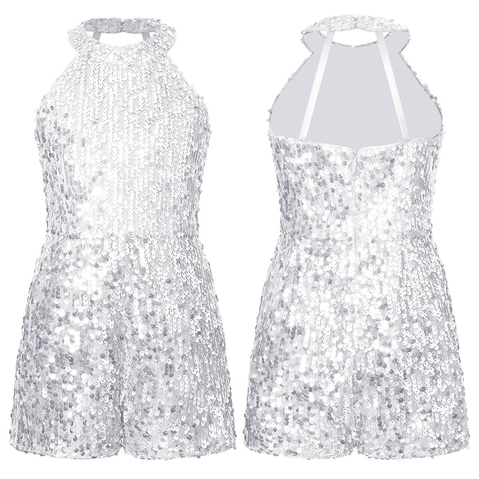 Tanzbekleidung für Kinder, Mädchen, Neckholder, Pailletten, Jazz-Tanzkostüm, Shorty-Ganzanzug, Overall 11-12 Years silber von Joom DACH