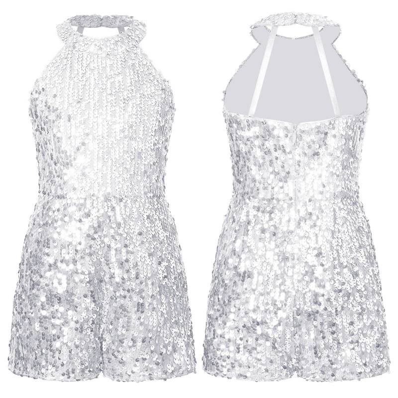 Tanzbekleidung für Kinder, Mädchen, Neckholder, Pailletten, Jazz-Tanzkostüm, Shorty-Ganzanzug, Overall 11-12 Years silber von Joom DACH