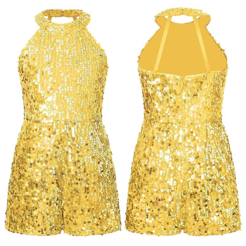 Tanzbekleidung für Kinder, Mädchen, Neckholder, Pailletten, Jazz-Tanzkostüm, Shorty-Ganzanzug, Overall 7-8 Years gold von Joom DACH