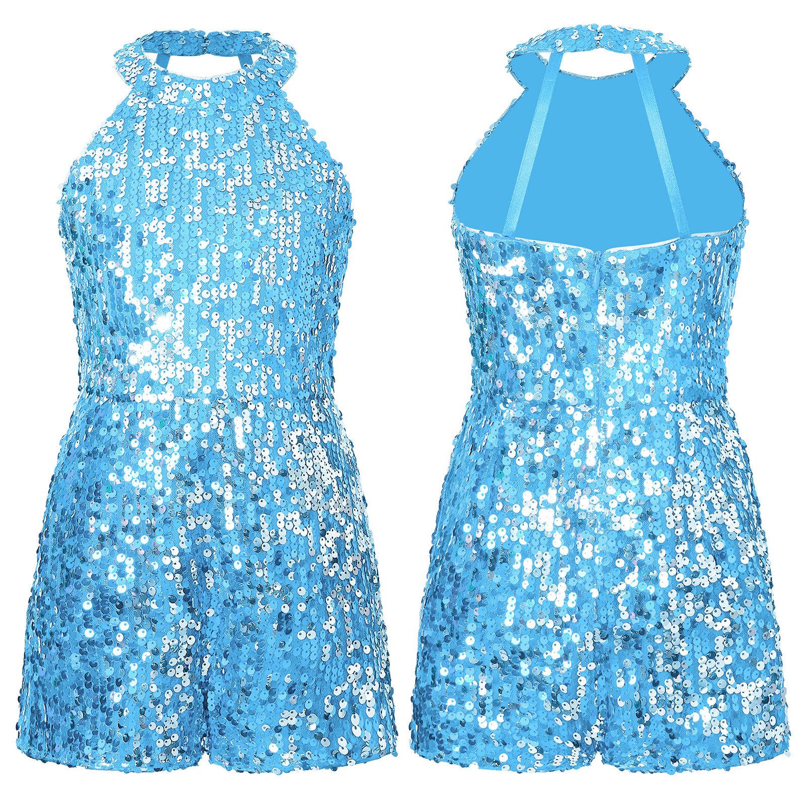 Tanzbekleidung für Kinder, Mädchen, Neckholder, Pailletten, Jazz-Tanzkostüm, Shorty-Ganzanzug, Overall 9-10 Years hellblaue von Joom DACH