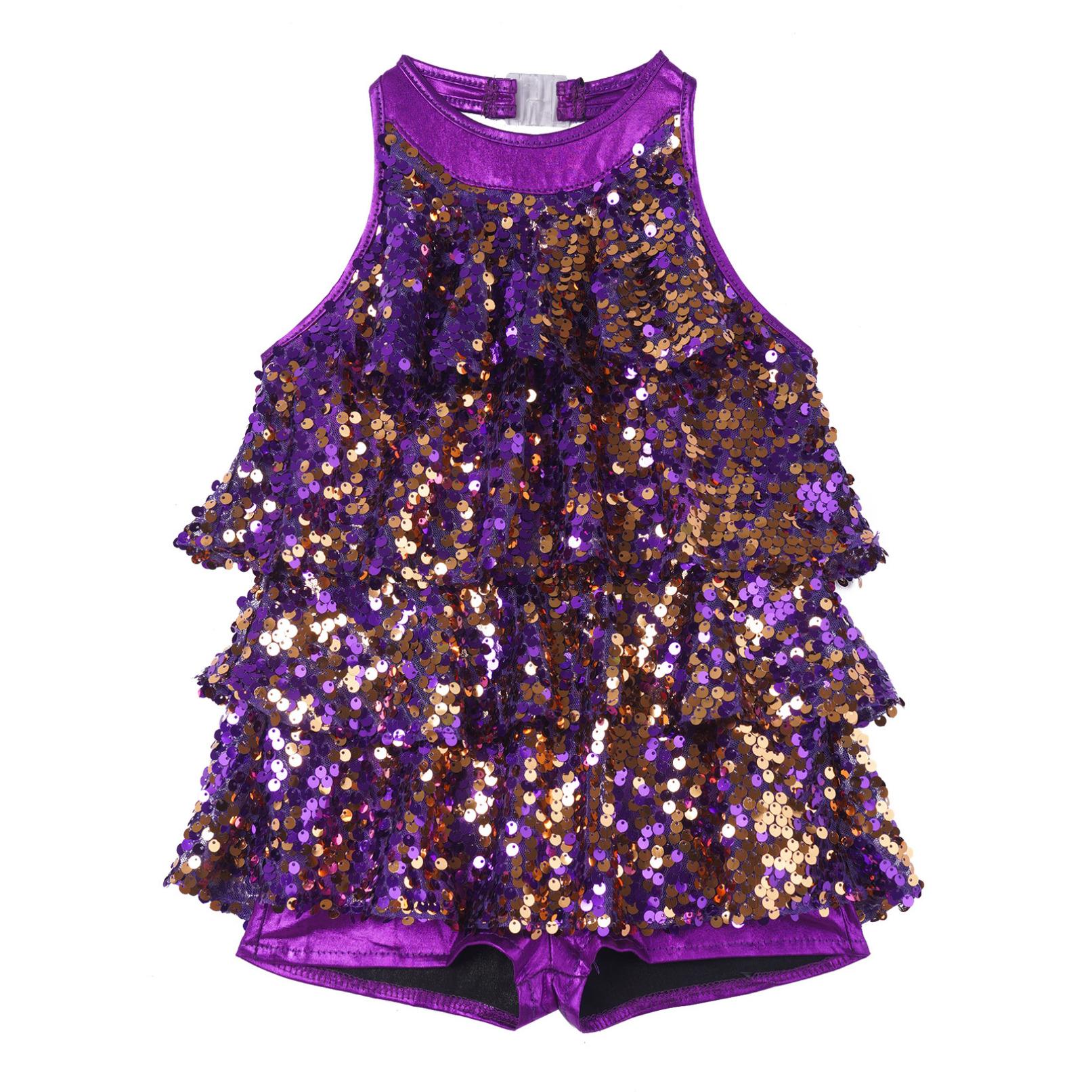 Tanzbekleidung für Kinder Mädchen Neckholder Glänzende Pailletten Jazz Dance Kostüm Shorty Unitard Kleid Bühnenauftritt 9-10 Years violett von Joom DACH