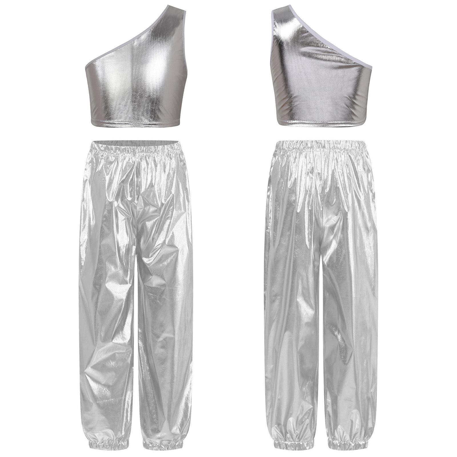 Tanzparty-Outfit für Mädchen, One-Shoulder-Metallic-Kurze Weste, glänzende Hose, Set für Bühnenauftritte, Geburtstagsveranstaltungen 11-12 Years von Joom DACH