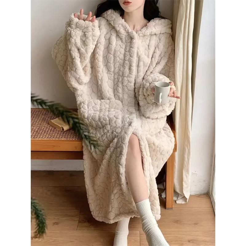 Taschenmantel für Damen, Nachtwäsche, Winternachthemd, Nachtwäsche, warmer Fleece-Pyjama, einteiliges Nachthemd mit Kapuze, Schlaf-Homewear XL beige von Joom DACH