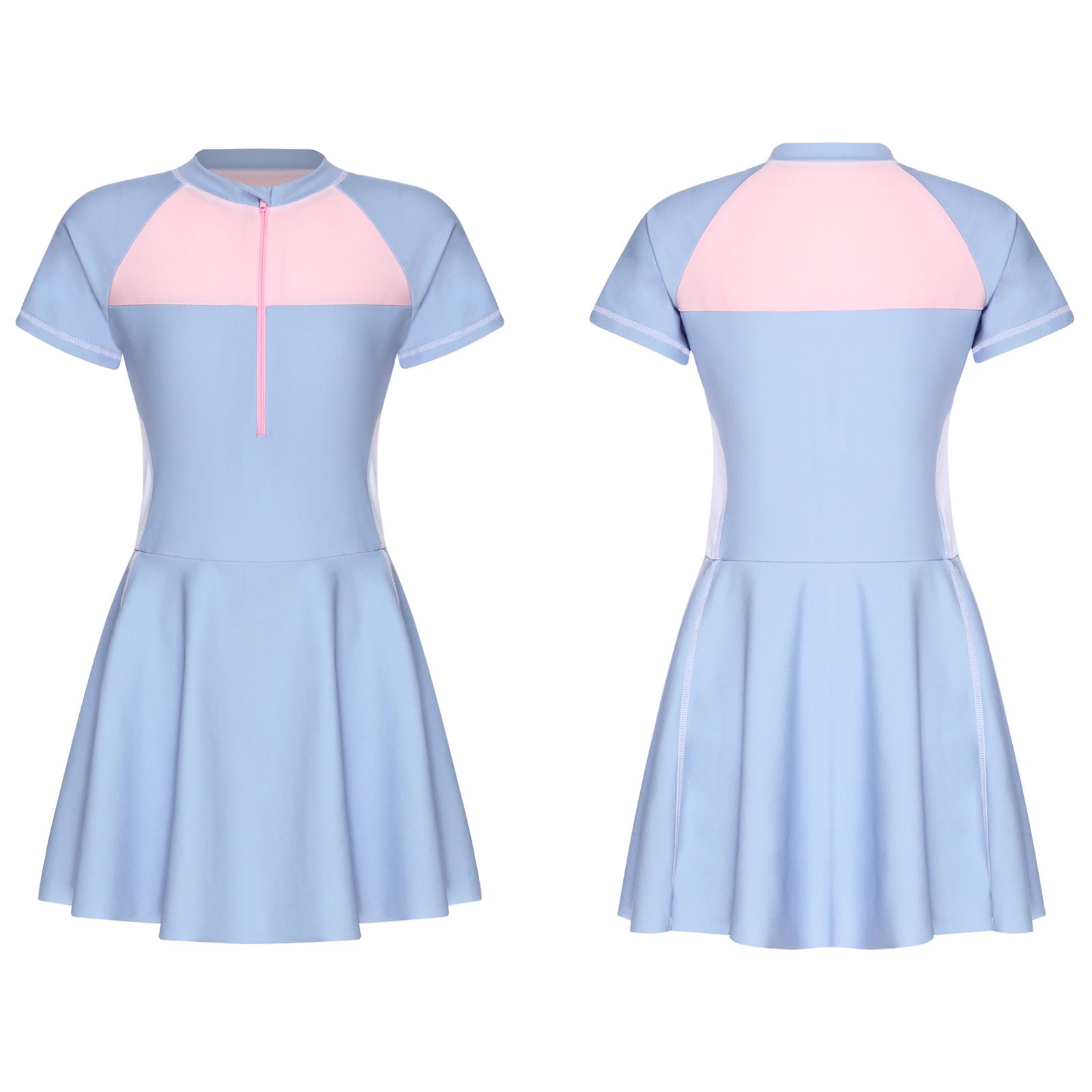 Teenager Mädchen Schwimmkleid Kurzarm Colorblock Patchwork Reißverschluss vorne Rash Guard Badeanzug UV-Schutz 13-14 Years hellblaue von Joom DACH
