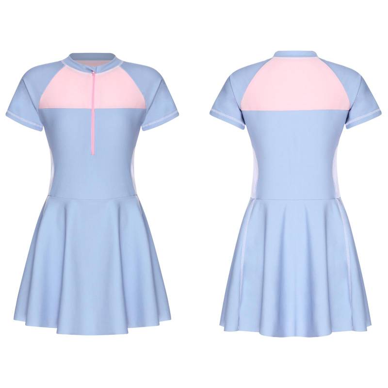 Teenager Mädchen Schwimmkleid Kurzarm Colorblock Patchwork Reißverschluss vorne Rash Guard Badeanzug UV-Schutz 13-14 Years hellblaue von Joom DACH