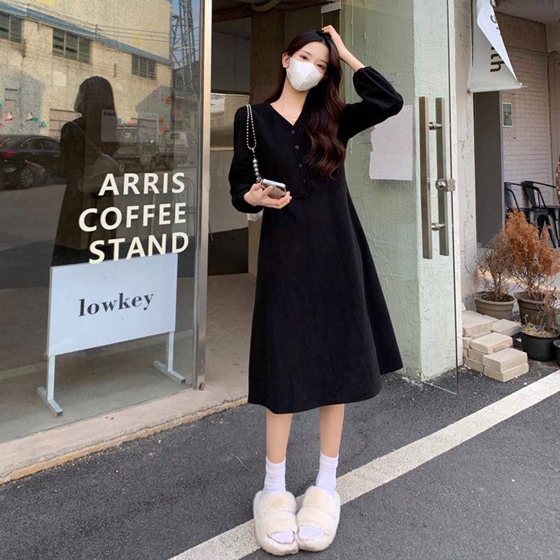 Teepause Französisch Erste Liebe Sanfter Stil Cordkleid Damen Herbst und Winter Kleine Taille Unterzieh Schlankmachendes Langes Kleid 2XL von Joom DACH