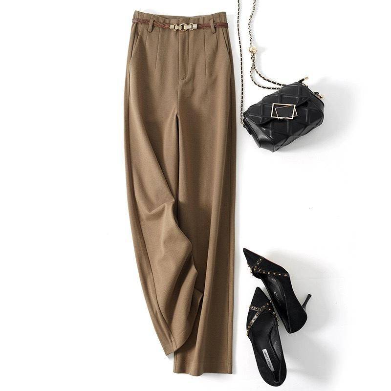 Temperamentvolle, hautfreundliche Pendelhose mit Gürtel und hoher Taille, lockere Hose mit weitem Bein für Damen, lässige Hose mit geradem Bein, Wollhose 2XL von Joom DACH