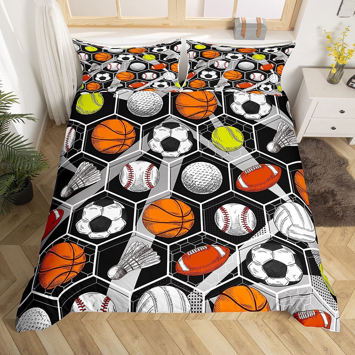 Tennisball Bettbezug-Set Sportspiel-Themen Bettwäsche-Set Einzelgröße für Kinder Jugendliche Erwachsene Tennisschläger Ball Bettdeckenbezug EU single(135x200cm) von Joom DACH