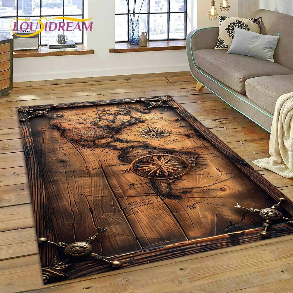 Teppich mit antikem Seediagramm und Weltkarte und Kompass für Wohnzimmer, Schlafzimmer, Dekoration, Bodenmatte, rutschfeste Dekoration für Sofa, Fußmatte 120x160cm( 47x62in ) von Joom DACH