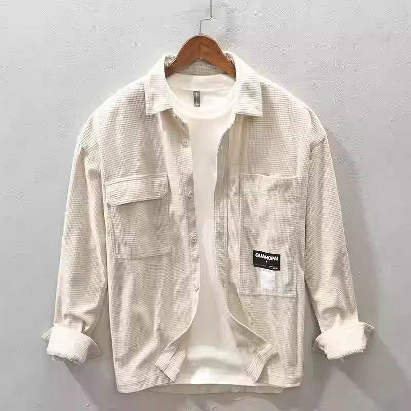 Texture Shirt Herren Japanisches Retro-Gezeiten-Arbeitshemd Langarm Frühling und Herbst lockere Freizeitjacke XL apricot von Joom DACH